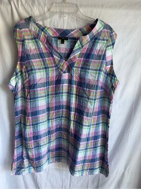 Talbots Linen Sleeveless Plaid Blouse Multi Color Notched V-Neck Top Plus X
